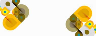 Soyut geometrik şekiller örtüşür, dinamik görsel kompozisyon yaratır. Sarı, kahverengi, deniz mavisi renkleri beyaz arkaplana hükmediyor. Modern tasarım elemanları.