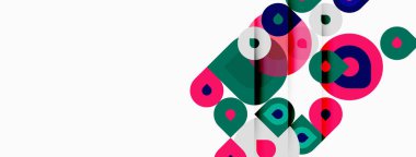 Soyut renkli daireler çakışıyor ve dinamik bileşim oluşturuyor. Pembe, deniz mavisi, deniz tonları beyaz arka plana hakim. Modern tasarım elemanları.