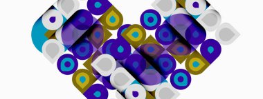Üst üste binen dairelerden oluşan soyut kalp şekli, çeşitli renkler. Modern tasarım, geometrik desen, canlı bileşim.