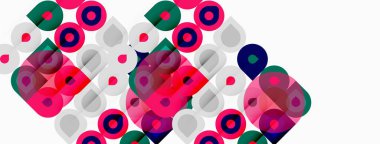 Soyut geometrik desen. Çemberler, kareler örtüşüyor. Renkli bir kompozisyon oluşturuyor. Modern tasarım ögesi.