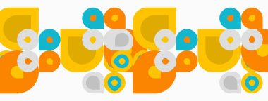 Retro desen turuncu, mavi, gri daireler içeriyor. Soyut şekiller tekrarlayan tasarım yaratır. Basit, koyu renkler kompozisyona hakim.