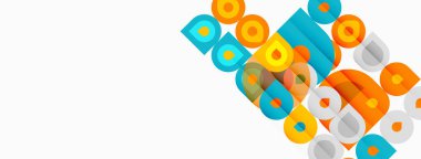 Soyut geometrik şekiller örtüşür, canlı renk blokları oluşturur. Turuncu, deniz mavisi, sarı beyaz arka plana hakim. Modern tasarım elemanları.