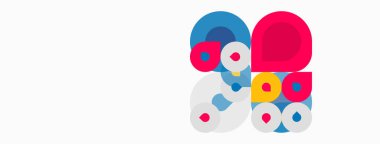 Renkli kesişen daireler soyut kompozisyon oluşturur. Parlak renkler beyaz arkaplana hakim. Modern tasarım, eğlenceli şekiller.