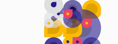 Üst üste binen daireler içeren soyut kompozisyon. Renkler arasında mor, sarı, pembe, beyaz. Modern tasarım, basit şekiller, temiz estetik..