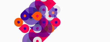 Soyut renkli çakışan daireler dinamik bileşim oluşturur. Beyaz arka planda parlak renklerin karşıtlığı. Modern tasarım ögesi.