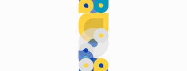 Soyut geometrik şekiller örtüşür, renkli kompozisyon oluşturur. Çemberler, kareler, dikdörtgenler dinamik görsel desen oluşturur.