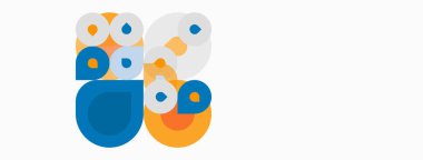 Soyut daireler, mavi, turuncu, beyaz. Üst üste binen şekiller eğlenceli kompozisyon oluşturur. Minimalist tasarım, modern estetik.