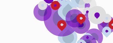 Soyut daireler örtüşüyor, yumuşak mor, kırmızı, mavi renkler oluşturuyor. Minimalist tasarım, temiz arkaplan, modern estetik.