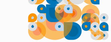 Soyut daireler örtüşüyor, parlak turuncu, mavi renkler yaratıyor. Minimalist tasarım, temiz estetik, modern kompozisyon. Basit şekiller görsel alana hakim..