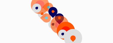 Soyut çemberler kesişiyor, eğlenceli bir kompozisyon oluşturuyor. Renkler turuncu, mavi, şeftali, gri. Minimalist tasarım, basit şekiller hakim..