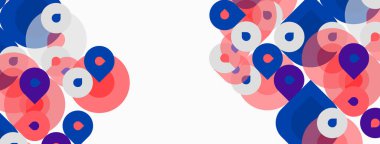 Soyut tasarım, üst üste binen daireler, pembeler, maviler, beyazlar. Minimalist kompozisyon modern görsel etki yaratır. Basit şekiller uzaya hükmediyor.