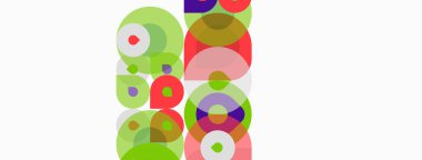 Üst üste binen daireler içeren soyut kompozisyon. Renkler arasında yeşil, kırmızı, mor, pembe ve beyaz arka plan yer alıyor. Basit geometrik şekiller tasarıma hükmediyor.
