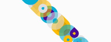 Soyut renkli daireler beyaz uzayda çaprazlama kesişiyor. Parlak renkler, dinamik görsel akış yaratır. Basit geometrik şekiller kompozisyona hakim.