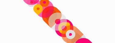 Üst üste binen daireler içeren soyut kompozisyon. Renkler arasında pembeler, portakallar, sarılar, beyazlar var. Çapraz düzenleme dinamik görsel akış yaratır.