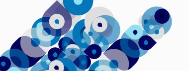 Üst üste binen daireler içeren soyut kompozisyon, değişik tonlarda mavi, gri, beyaz. Modern tasarım, temiz estetik, dinamik düzenleme.