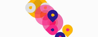 Renkli kesişen daireler soyut kompozisyon oluşturur. Şekiller farklı boyutlarda, renkler, dinamik görsel desenler oluştururlar. Minimalist tasarım.