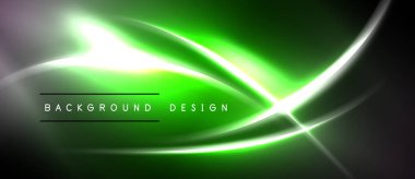 Parlak yeşil neon çizgiler koyu arkaplan boyunca kıvrılır. Modern tasarım parlayan şekiller, gradyanlar, metin elementleri içerir. Yumuşak, dinamik bileşim.