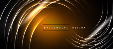 Soyut girdap çizgileri dinamik altın parıltı yaratır. Koyu arkaplan parlak eğrileri, modern tasarım elementini vurgular.