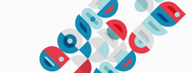 Soyut geometrik şekiller örtüşür, renkli kompozisyon oluşturur. Daireler, dikdörtgenler mavi, kırmızı, deniz mavisi renkleri kullanarak dizaynın hakimi. Minimalist stil.