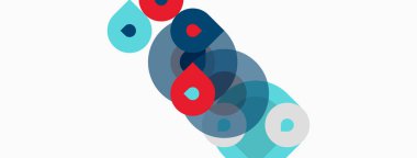 Soyut şekiller üst üste binerek katmanlı görsel efekt yaratır. Renkler arasında kırmızı, mavi, gri, deniz mavisi var. Minimalist tasarım, temiz arkaplan.