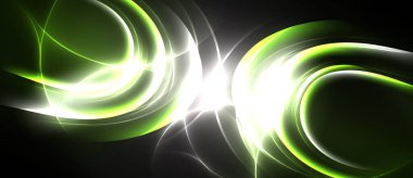 Soyut tasarım parlak kıvrımlar, parlak merkezler içerir. Yeşil, beyaz renkler koyu arkaplana hakim. Dinamik, akışkan şekiller enerji yaratır..