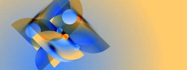 Akan şekiller, mavi renkler, turuncu aksanlar soyut bileşimlerdir. Gradyan arkaplan yumuşak karşıtlık ve modern estetik sunar.