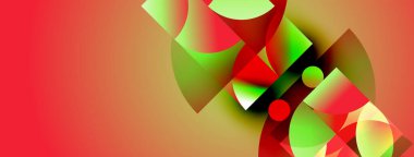 Soyut şekiller canlı renkleri harmanlarlar. Kırmızı, yeşil, sarı dinamik bileşim oluşturur. Yumuşak eğimler hareket, derinlik önerir.