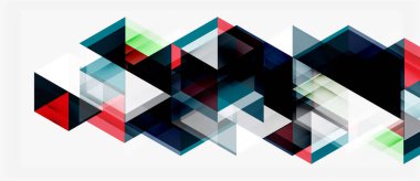 Soyut geometrik bileşim. Üst üste binen üçgenler dinamik görsel doku oluşturur. Renkler arasında kırmızı, yeşil, mavi, gri, siyah.