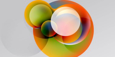 Soyut renkli daireler çakışıyor, dinamik görsel efekt yaratıyor. Yumuşak gradyanlar turuncu, yeşil ve beyaz renkleri harmanlarlar. Modern tasarım.