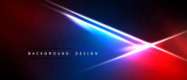 Soyut neon ışıklar dinamik bir değişim etkisi yaratır. Kırmızı, mavi renkler koyu arkaplana hakim. Modern tasarım ögesi.