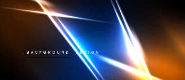 Soyut neon çizgileri dinamik geometrik şekiller yaratır. Canlı mavi, turuncu renkler koyu arkaplana hakim. Modern tasarım ögesi.