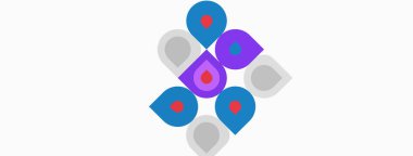 Soyut geometrik şekiller, canlı renkler, minimalist tasarım. Kompozisyon üst üste binen formlar, oyuncu görsel efekt oluşturur.