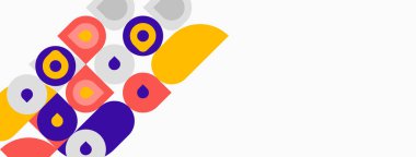 Soyut geometrik şekiller, daireler, kareler, canlı renkler. Kompozisyon sol üst köşeye doğru eğiliyor, beyaz arkaplan baskın.