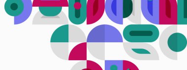 Soyut geometrik şekiller çakışıyor, renkli desenler yaratıyor. Minimalist tasarım daireler, kareler, dikdörtgenler, canlı renkler kullanır.