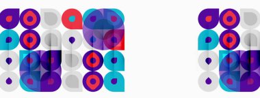 Soyut desenler üst üste binen daireler, kareler. Renkler arasında mor, mavi, pembe, deniz mavisi var. Arkaplan beyaz, noktalı.