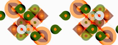 Soyut geometrik desen. Üst üste binen daireler, kareler tekrarlanan dizaynlar yaratır. Turuncu ve yeşil renkler tarafsız arkaplanda baskın.
