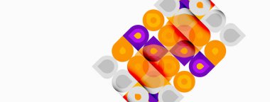 Soyut geometrik desen. Turuncu, mor kareler beyaz arkaplanla örtüşüyor. Modern tasarım öğesi, basit şekiller görsel ilgi yaratır.