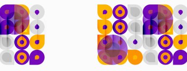 Soyut geometrik desen. Daireler, kareler örtüşüyor renkli bir tasarım yaratıyorlar. Minimalist tarz, modern estetik, canlı renkler sunar.