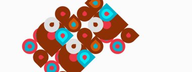 Soyut geometrik şekiller, kahverengi kareler, daireler, deniz mavisi aksanları. Minimalist tasarım, tekrarlayan şablonlar, düz çizimler, basit kompozisyon.