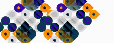 Soyut geometrik desen. Çemberler, kareler, dikdörtgenler renk bileşimi oluşturur. Modern tasarım ögesi.