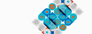 Soyut desenler üst üste binen kareler, daireler. Mavi, turuncu renkler beyaz arkaplana hükmediyor. Geometrik tasarım dinamik görsel doku yaratır.