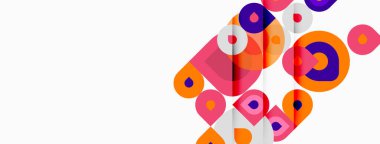 Soyut renkli daireler, üst üste binen şekiller. Modern tasarım, canlı renkler, basit geometri, temiz estetik. Arkaplan beyaz.