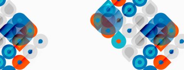 Soyut geometrik şekiller çakışıyor, renkli desenler yaratıyor. Mavi, turuncu tonlar basit tasarıma hükmediyor. Modern estetik.