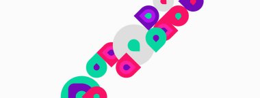 Renkli soyut şekiller üst üste binerek dinamik bileşim oluşturuyor. Çemberler, kareler, dikdörtgenler oyuncu desenler oluşturur. Parlak renkler beyaz arkaplana hakim.