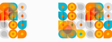 Geometrik desen. Tekrarlayan şekiller, daireler, kareler, turuncu, deniz mavisi, sarı. Modern tasarım, basit estetik, temiz çizgiler..