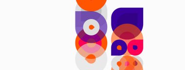 Soyut geometrik şekiller örtüşür, canlı renk kombinasyonları yaratır. Turuncu, mor renkler basit tasarıma hakim. Modern estetik.