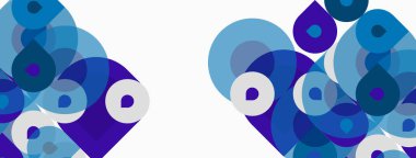 Soyut kompozisyon özellikleri üst üste binen mavi daireler, beyaz boşluk. Modern tasarım akıcılığı, dengeyi, basitliği çağrıştırıyor.