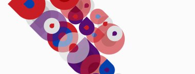 Soyut daireler çakışıyor, canlı desenler yaratıyor. Pembe, mor, mavi renkler beyaz arkaplana hakim. Modern tasarım elemanları.