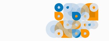 Soyut şekiller örtüşür, dinamik bileşim yaratır. Turuncu, mavi, gri tonlar tasarımda baskın. Minimalist estetik, temiz arkaplan.