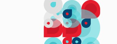 Üst üste binen daireler içeren soyut kompozisyon. Kırmızı, mavi, turkuaz renkler dinamik görsel efekt yaratır. Minimalist tasarım, temiz estetik.